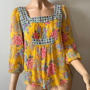 Anna Sui for Anthropologie boho floral silk chiffon sheer blouse 2